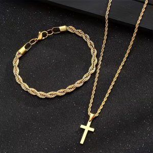 Stainless Steel Cross Pendant Necklace And Twist Chain Bracelet
